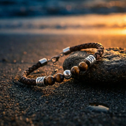 Bracelet with beads on a rock at sunset