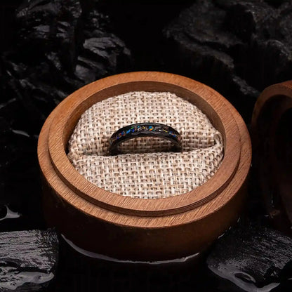 4mm black hammered tungsten ring with blue opal and meteorite. The ring is in the box.