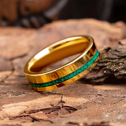 Elegant Malachite and Gold Tungsten Ring featuring a vibrant green malachite inlay and polished gold finish, perfect as a wedding band or daily wear.