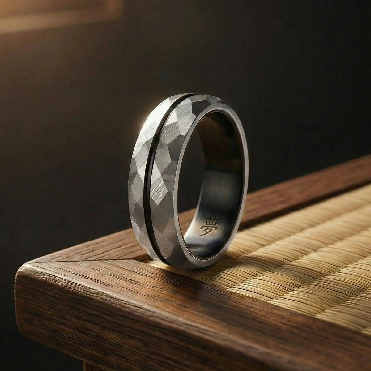 Metal ring with a black stripe Japanese Melody