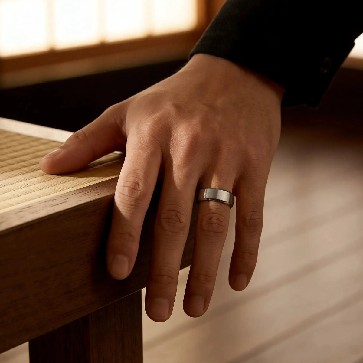 Metal ring with a black stripe Japanese Melody