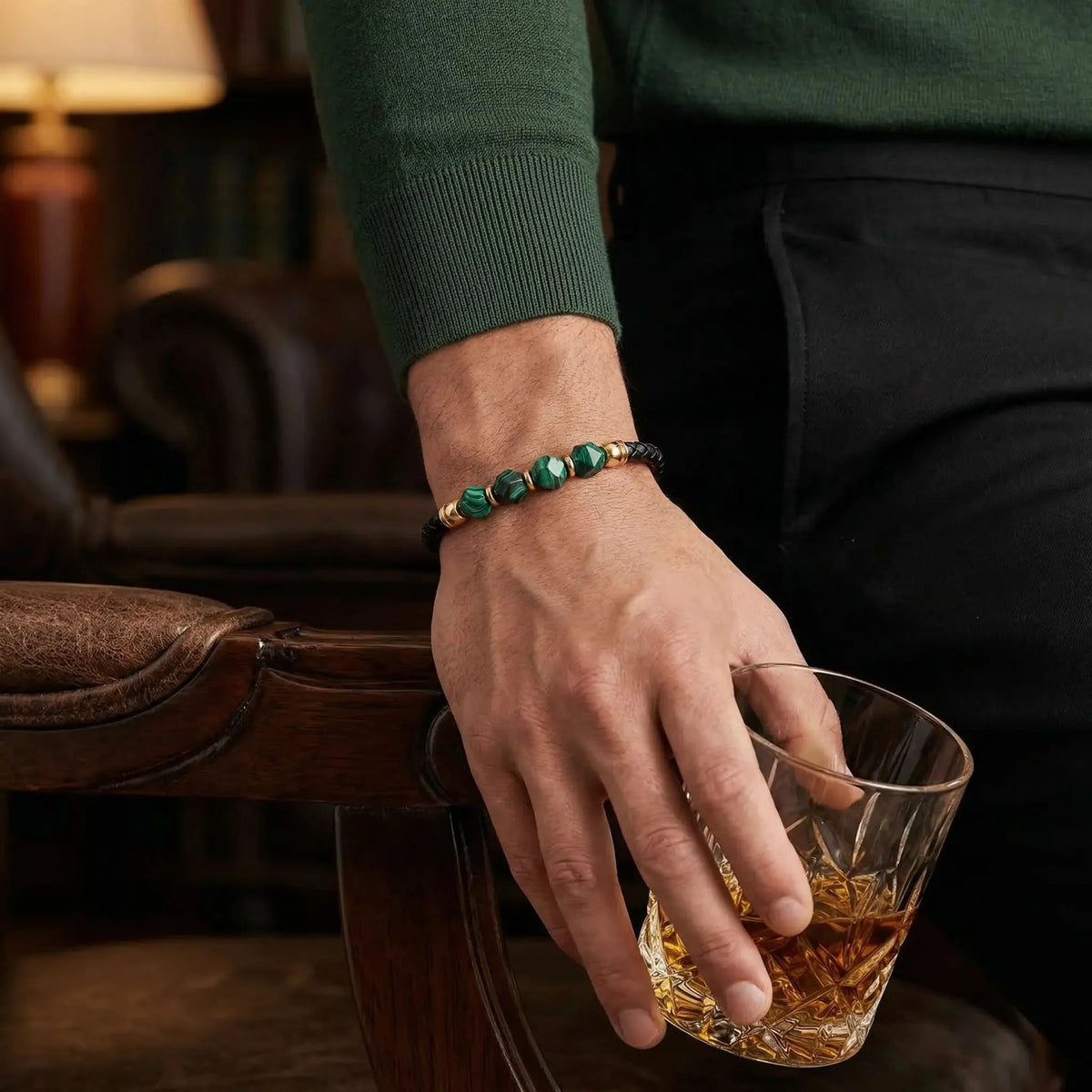 SAN-KAWA — Malachite & Italian Leather Bracelet Leonardo’s Leather
