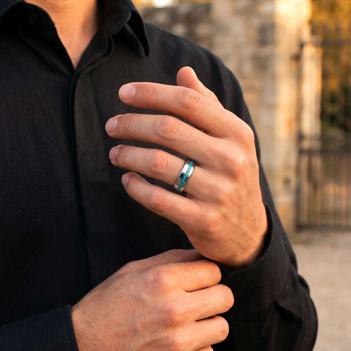 Turquoise & Silver Titanium Japanese Ring African Symphonies